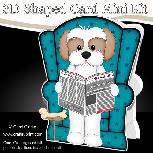 3D Shaped Card  Kit - Little Cavachon Dog BoBo reads the Barking Newspaper
