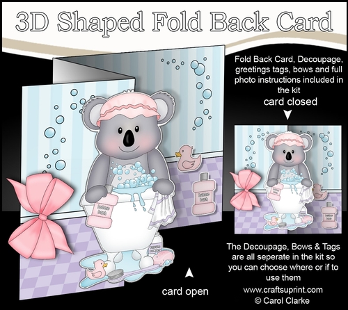 3D Shaped No-Hole Fold Back Card Kit - Bathtub Buddies - Cute Little Koala Bear Kookie