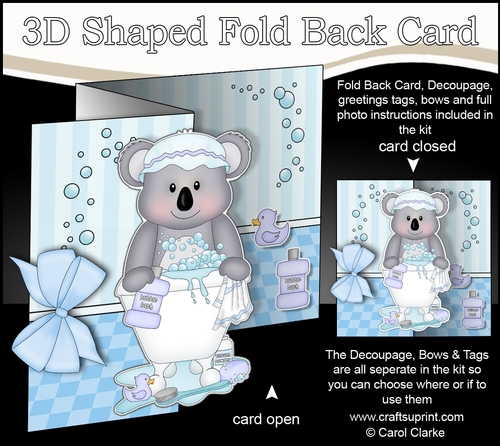 3D Shaped No-Hole Fold Back Card Kit - Bathtub Buddies - Cute Little Koala Bear KitKat