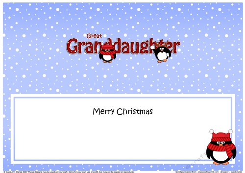 Large DL Merry Christmas GREAT GRANDDAUGHTER insert
