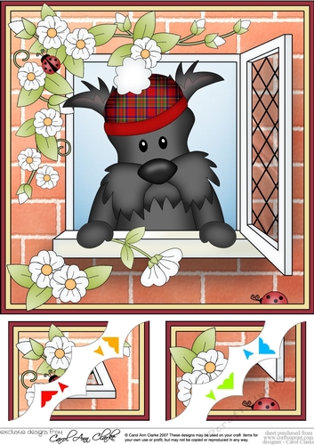 8 x 8 Scalloped Corner Topper - Through the Window - Scottie Dog