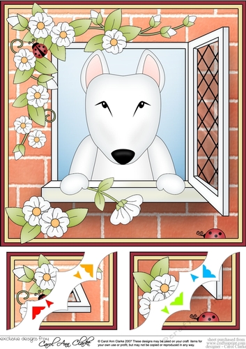 8 x 8 Scalloped Corner Topper - Through the Window - English Bull Terrier Dog