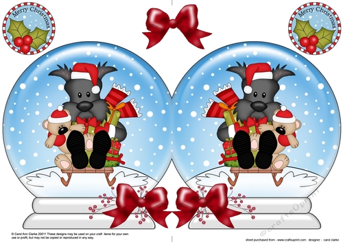Christmas Snow Globe Shaped Card - Little Scottie Dog is Sledging