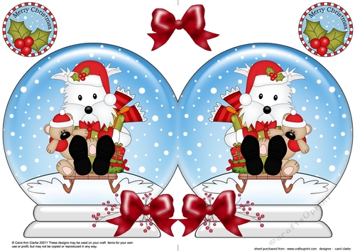 Christmas Snow Globe Shaped Card - Little Westie Dog is Sledging