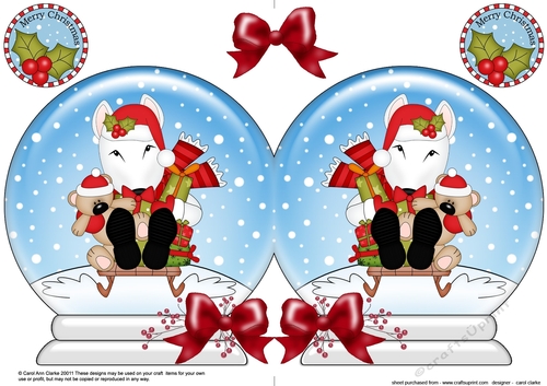 Christmas Snow Globe Shaped Card - Little English Bull Terrier Dog is Sledging 