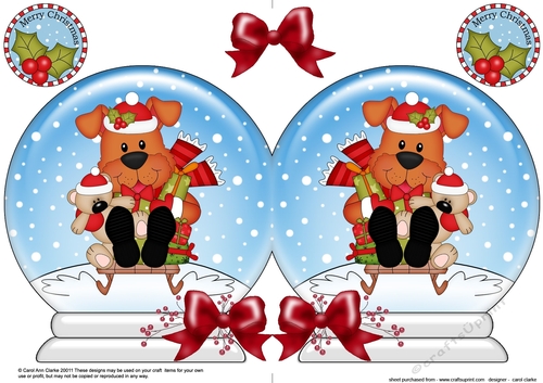 Christmas Snow Globe Shaped Card - Little Rusty Dog is Sledging