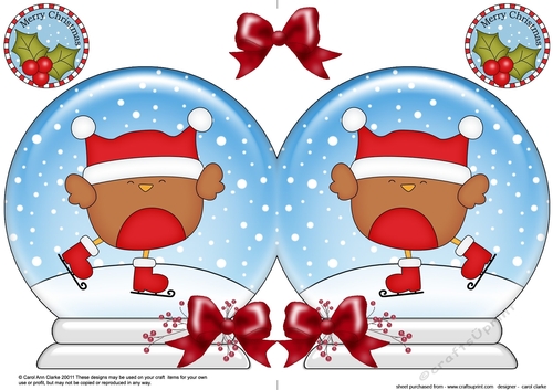 Christmas Snow Globe Shaped Card - Cute Little Bobbin Robin is Ice Skating