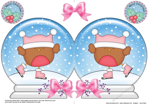 Christmas Snow Globe Shaped Card - Cute Little Bobbin Robin is Ice Skating