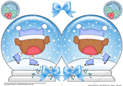 Christmas Snow Globe Shaped Card - Cute Little Bobbin Robin is Ice Skating
