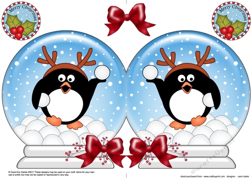 Christmas Snow Globe Shaped Card - Cute Pip Penguin is having a Snowball Fight 