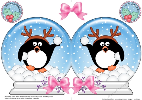 Christmas Snow Globe Shaped Card - Cute Pip Penguin is having a Snowball Fight 