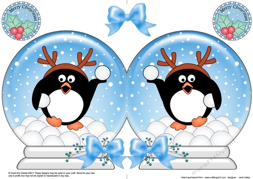 Christmas Snow Globe Shaped Card - Cute Pip Penguin is having a Snowball Fight 