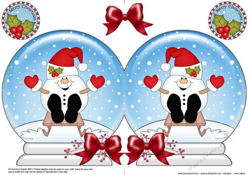Christmas Snow Globe Shaped Card - Cute Little Snowball Sam is Sledging