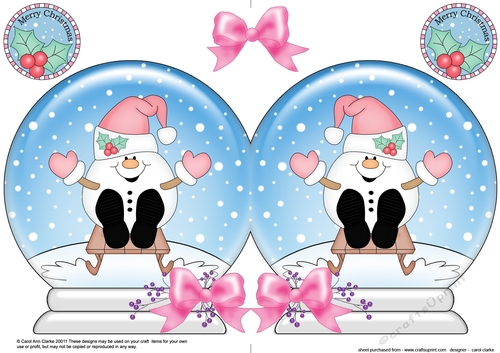 Christmas Snow Globe Shaped Card - Cute Little Snowball Sam is Sledging