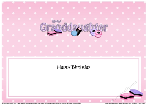 Large DL Happy Birthday GREAT GRANDDAUGHTER insert