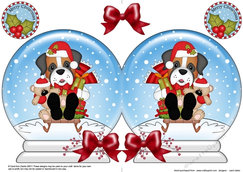 Christmas Snow Globe Shaped Card - Little Boxer Dog is Sledging
