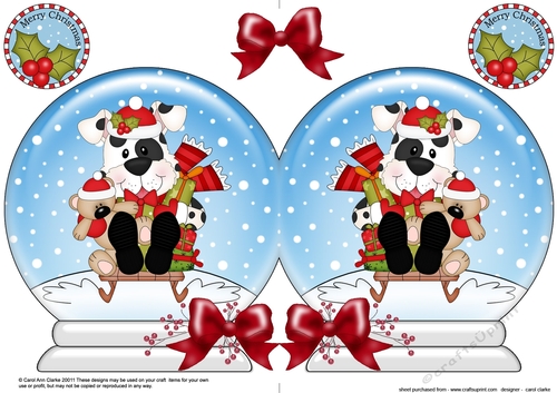 Christmas Snow Globe Shaped Card - Little Spotty Dog is Sledging