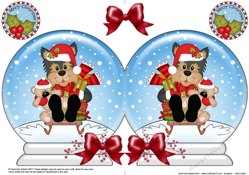 Christmas Snow Globe Shaped Card - Little Yorkie Dog is Sledging