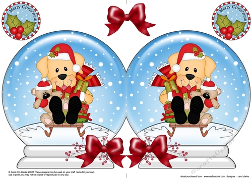 Christmas Snow Globe Shaped Card - Little Golden Labrador Dog is Sledging