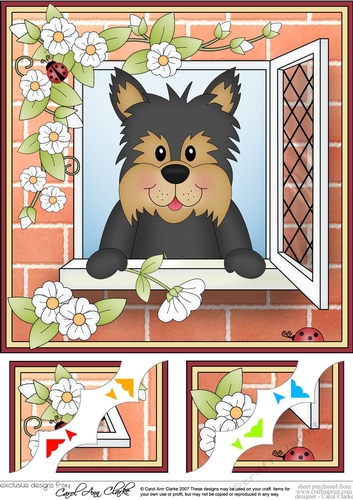 8 x 8 Scalloped Corner Topper - Through the Window - Yorkie Dog