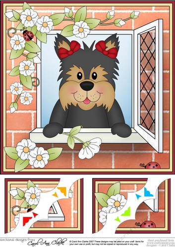 8 x 8 Scalloped Corner Topper - Through the Window - Yorkie Dog