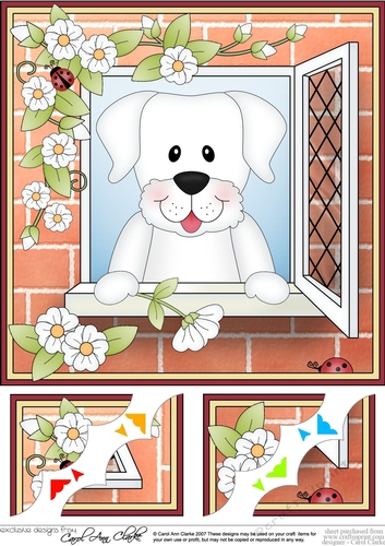 8 x 8 Scalloped Corner Topper - Through the Window - White Labrador Dog