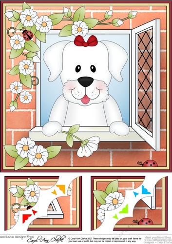 8 x 8 Scalloped Corner Topper - Through the Window - White Labrador Dog