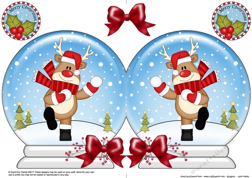 Christmas Snow Globe Shaped Card - Rudolph is having a Snowball Fight