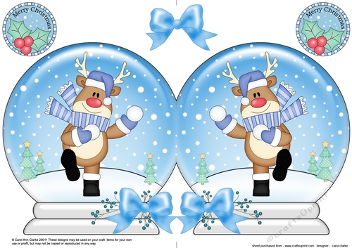 Christmas Snow Globe Shaped Card - Rudolph is having a Snowball Fight
