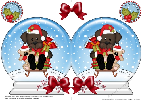 Christmas Snow Globe Shaped Card - Little Chocolate Labrador Dog is Sledging