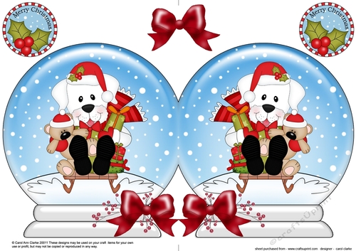 Christmas Snow Globe Shaped Card - Little White Labrador Dog is Sledging