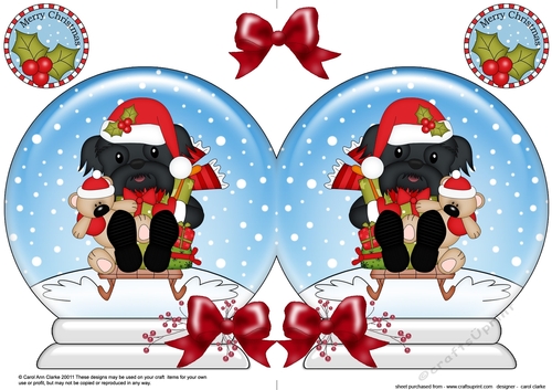 Christmas Snow Globe Shaped Card - Little Shih Tzu Dog is Sledging