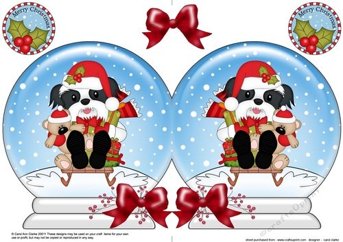 Christmas Snow Globe Shaped Card - Little Shih Tzu Dog is Sledging