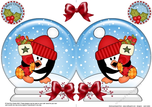 Christmas Snow Globe Shaped Card - Cute Pip Penguin has an Xmas Stocking