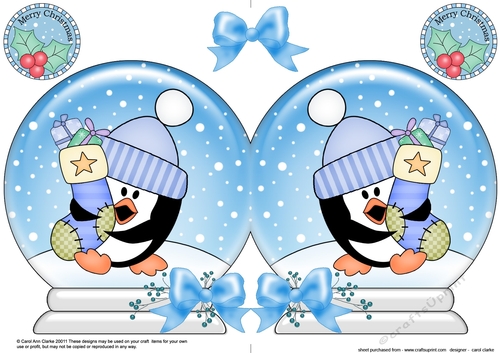 Christmas Snow Globe Shaped Card - Cute Pip Penguin has an Xmas Stocking