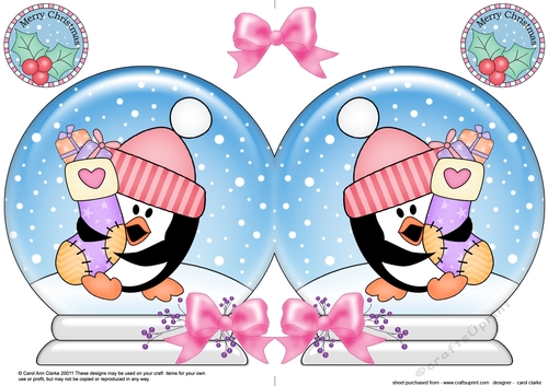 Christmas Snow Globe Shaped Card - Cute Pip Penguin has an Xmas Stocking
