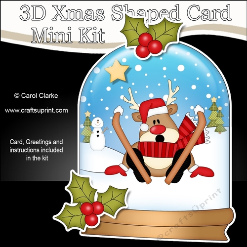 3D Shaped Christmas Snow Globe Card Kit - Oops Rudolph is Skiing