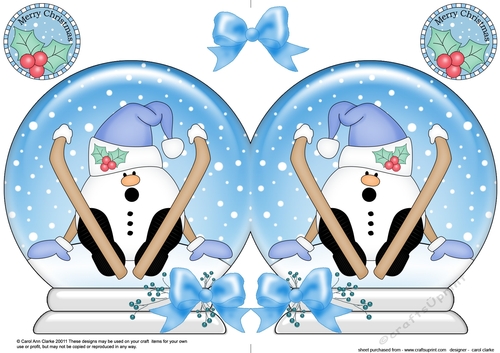 Christmas Snow Globe Shaped Card - Oops Snowball Sam is Skiing!!