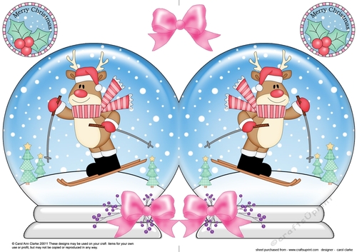 Christmas Snow Globe Shaped Card - Rudolph is Skiing