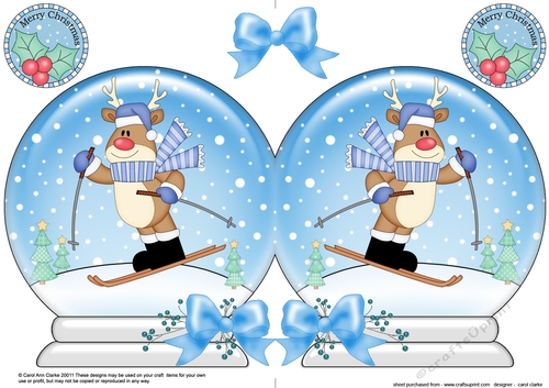 Christmas Snow Globe Shaped Card - Rudolph is Skiing