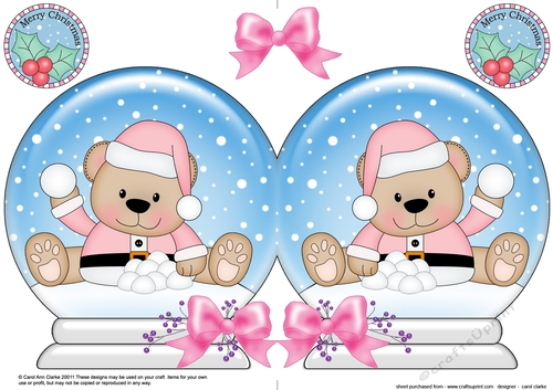 Christmas Snow Globe Shaped Card - Livvy Bear is having a Snowball fight