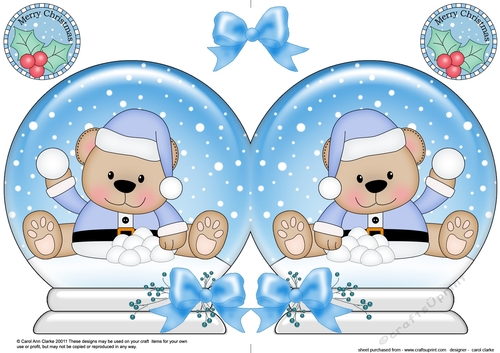 Christmas Snow Globe Shaped Card - Livvy Bear is having a Snowball fight