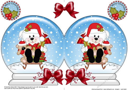Christmas Snow Globe Shaped Card - Little Bichon Frise Dog is Sledging