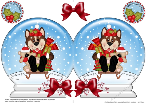 Christmas Snow Globe Shaped Card - Little Husky Dog is Sledging
