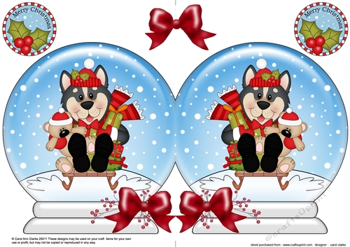 Christmas Snow Globe Shaped Card - Little Husky Dog is Sledging