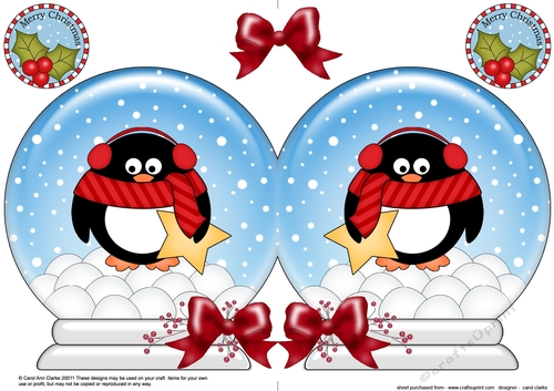 Christmas Snow Globe Shaped Card - Cute Pip Penguin has an Xmas Star