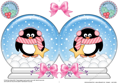 Christmas Snow Globe Shaped Card - Cute Pip Penguin has an Xmas Star