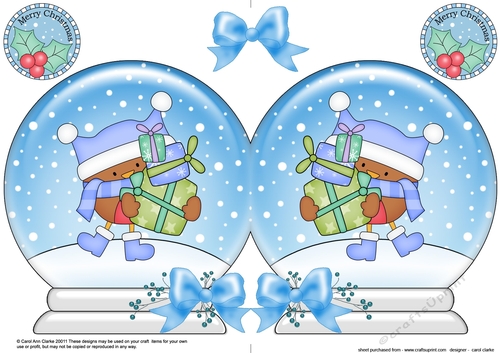 Christmas Snow Globe Shaped Card - Cute Little Bobbin Robin has Xmas Presents