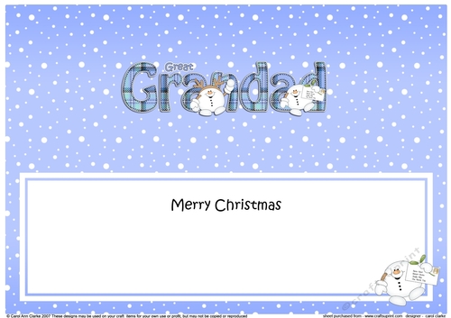 Large DL Merry Christmas GREAT GRANDAD insert with Tartan Snowball Sam