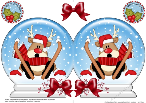 Christmas Snow Globe Shaped Card - Oops Rudolph is Skiing!